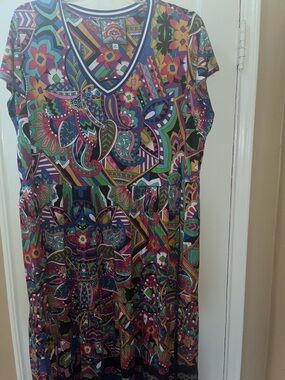 Johnny Was Multicolor V-Neck Floral & Geometric Dress size 1X